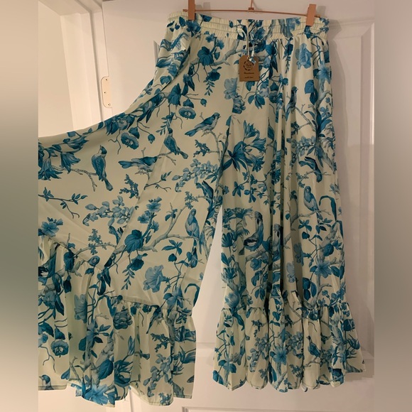 A rare Bird NWT BIRD OF PARADISE CREAM & TURQUOISE PANTS OS - Picture 11 of 15